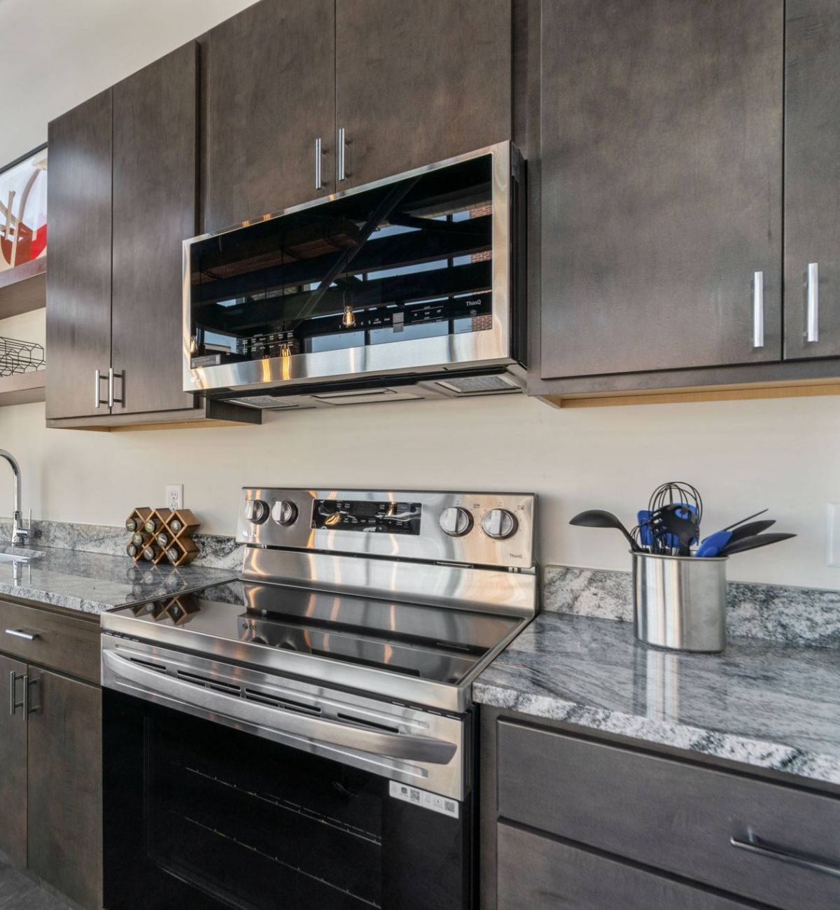 Factory Lofts kitchen with a focus on the stainless steel oven and microwave, dark cabinetry, and open shelves.
