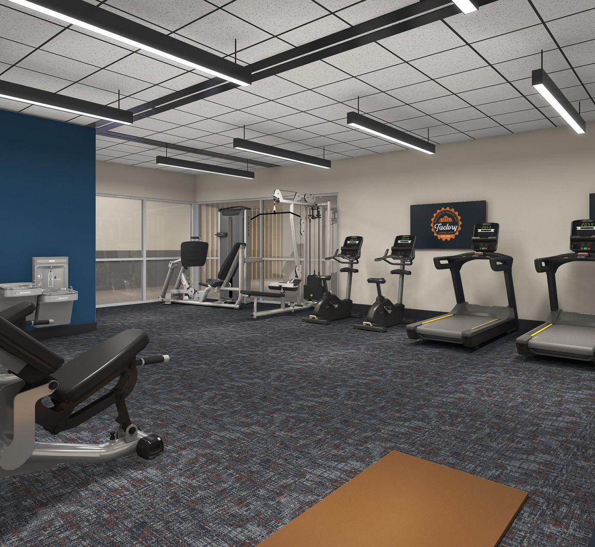 Rendering of fitness center amenity with treadmills and exercise machines at Factory Lofts student living building in Minneapolis