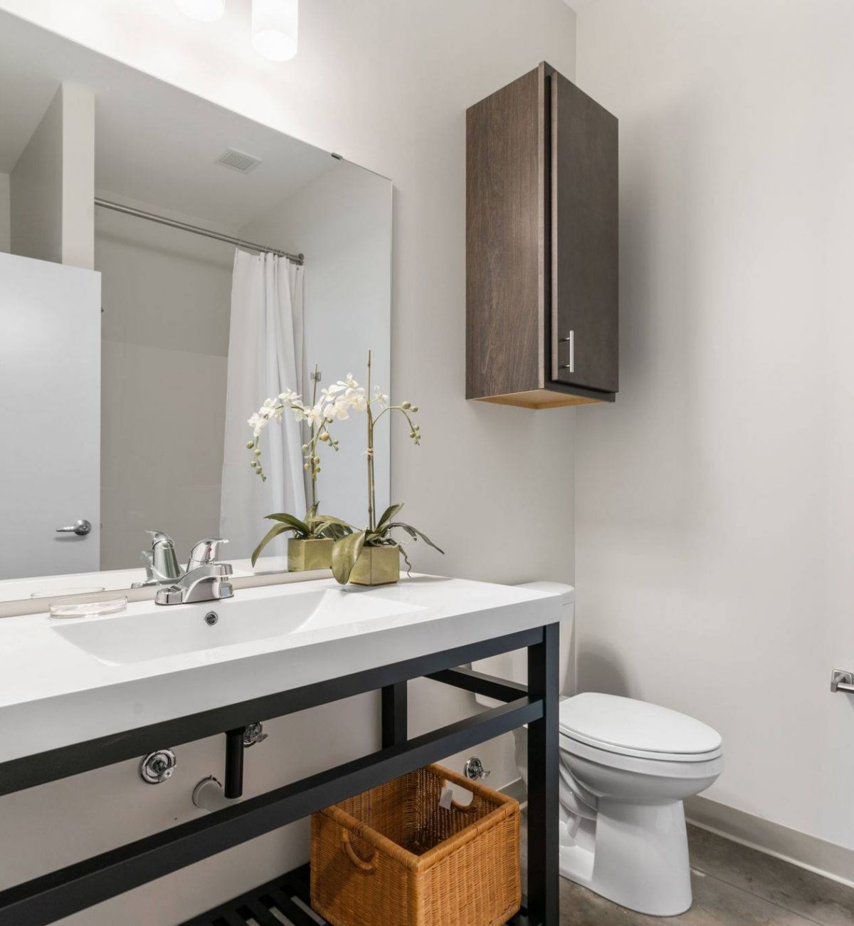 A modern bathroom in Factory Lofts with a large mirror, white countertop, and decorative plant on the sink.